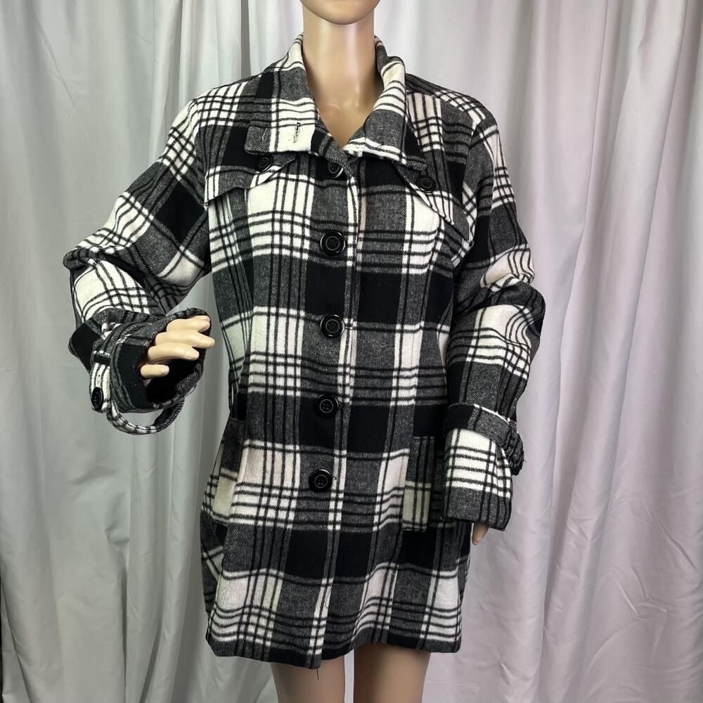 Dots Coat Womens Large Black White Plaid Mid Length Button Front Lined